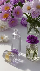 a bottle of perfume sitting on top of a flower  next to a whit purple flowers with a light shining on it, , product photography, a still life, photorealism ,bright warm colors , perfume bottle