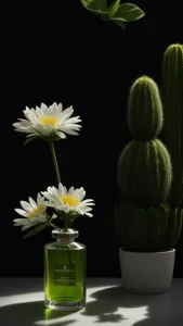 a bottle of perfume sitting on top of a flower  next to a green cactus with a light shining on it, Didier Mouron, product photography, a still life, photorealism