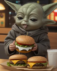 baby yoda eating big burger . detailed background . midnight time 