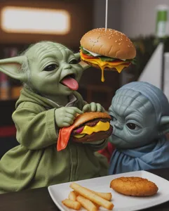 baby yoda eating big burger . detailed background . midnight time 