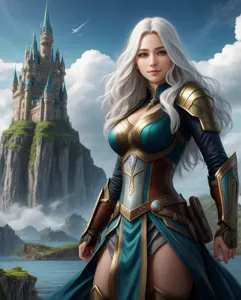 Asgard smiling female character  white skin long beautiful hair blue eye make dynamic pose unreal brautiful
castle in background in fantasy world . super realistic . a lot of details in background