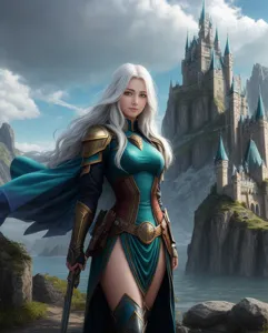 Asgard smiling female character  white skin long beautiful hair blue eye make dynamic pose unreal brautiful
castle in background in fantasy world . super realistic . a lot of details in background